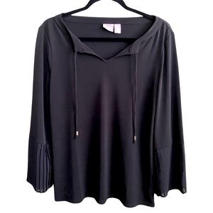Chico’s Black Blouse Size US 4 Pleated Flutter Sleeves Front Tie